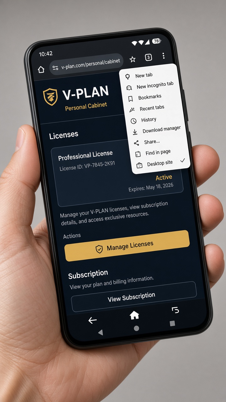 Chrome V-PLAN account with the menu