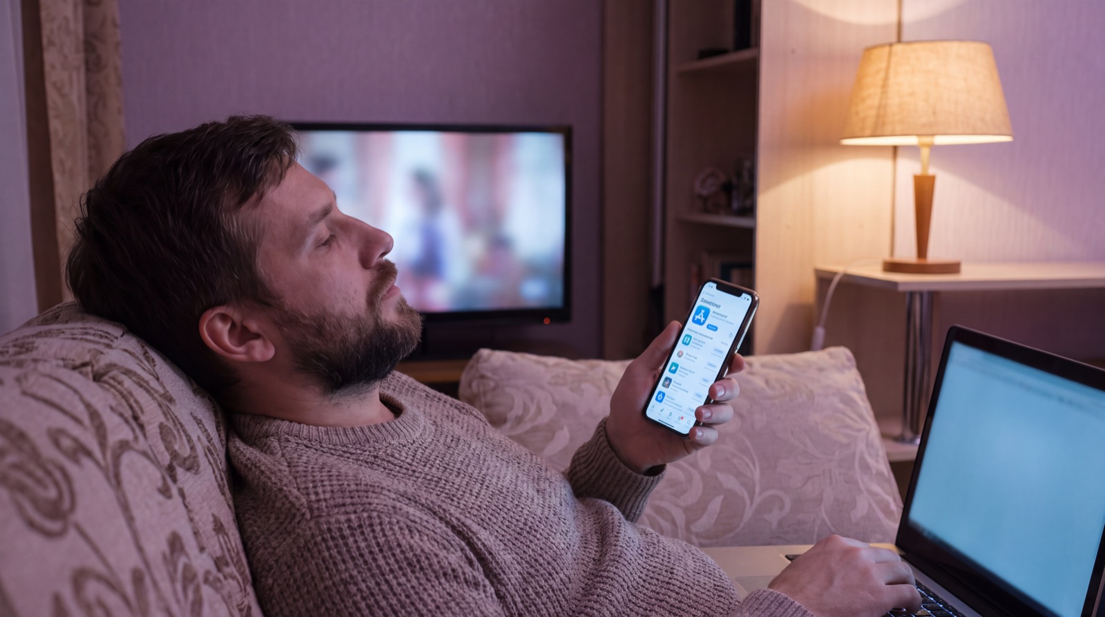 A person at home opening services on a phone